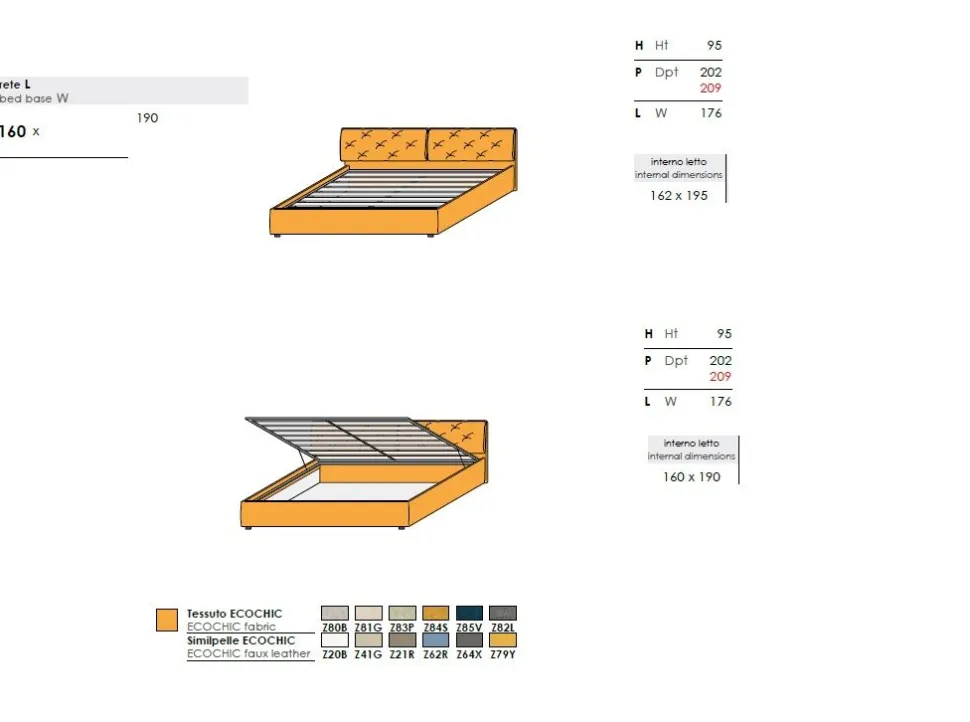 Letto contenitore matrimoniale imbottito in tessuto Ron disponibile in vari colori