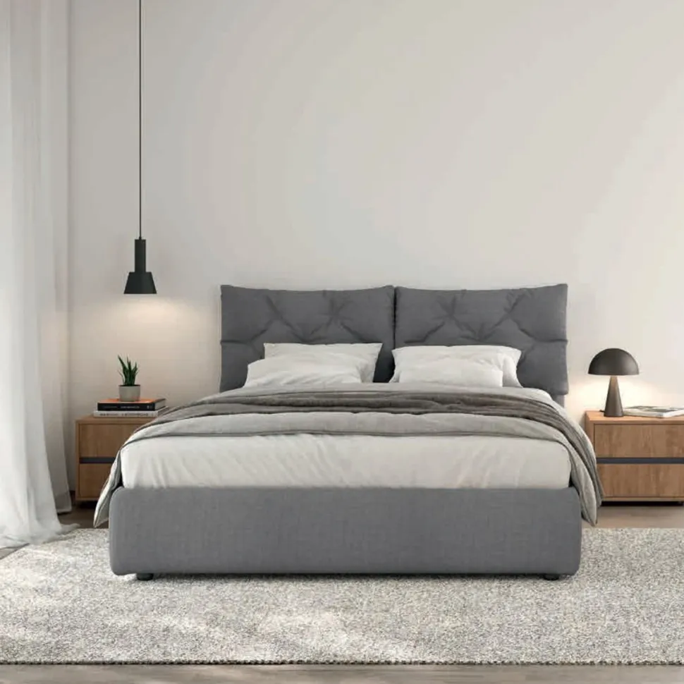 Letto contenitore matrimoniale imbottito in tessuto Ron disponibile in vari colori