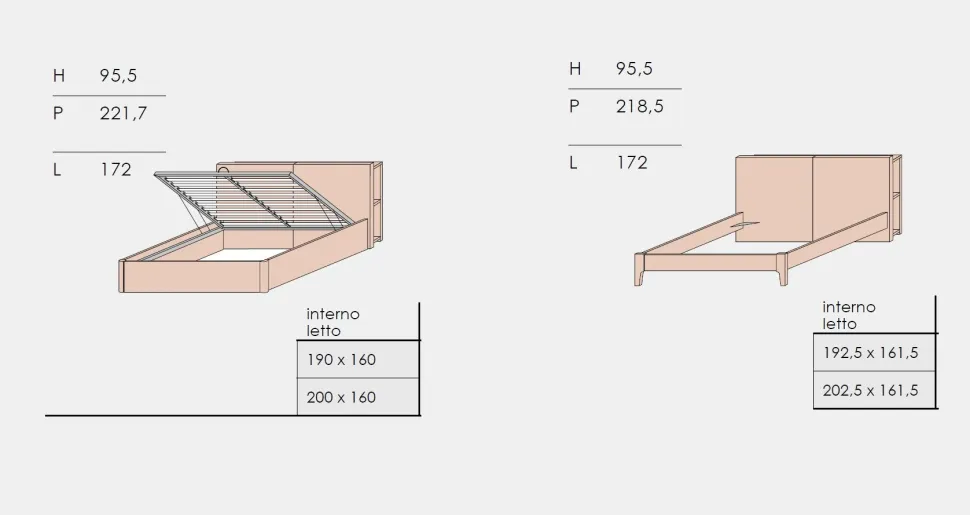 Letto contenitore matrimoniale con alloggiamento posteriore modello Teseo linea Lotto