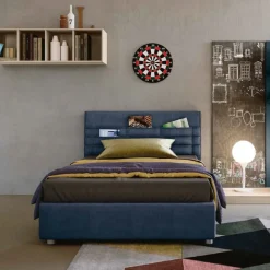 Letto contenitore singolo Blu imbottito con testiera contenitiva disponibile in vari colori e misure
