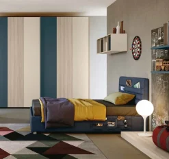 Letto contenitore singolo Blu imbottito con testiera contenitiva disponibile in vari colori e misure