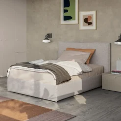 Letto contenitore singolo imbottito in tessuto Jem linea Airone disponibile in vari colori