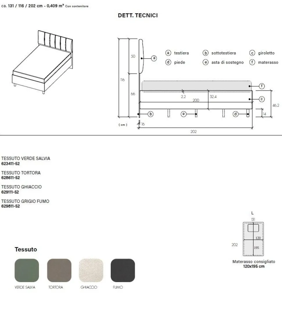 Letto contenitore una piazza e mezza in tessuto Verde Salvia con testiera trapuntata disponibile in 4 colori