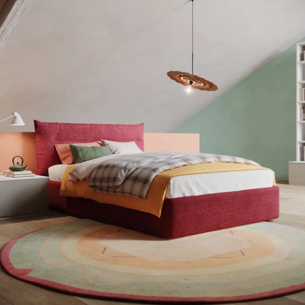 Letto contenitore una piazza e mezzo Nadine imbottito in tessuto linea Colorfull