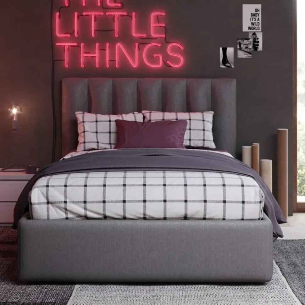 Letto contenitore una piazza e mezza Linda linea Fly imbottito in tessuto