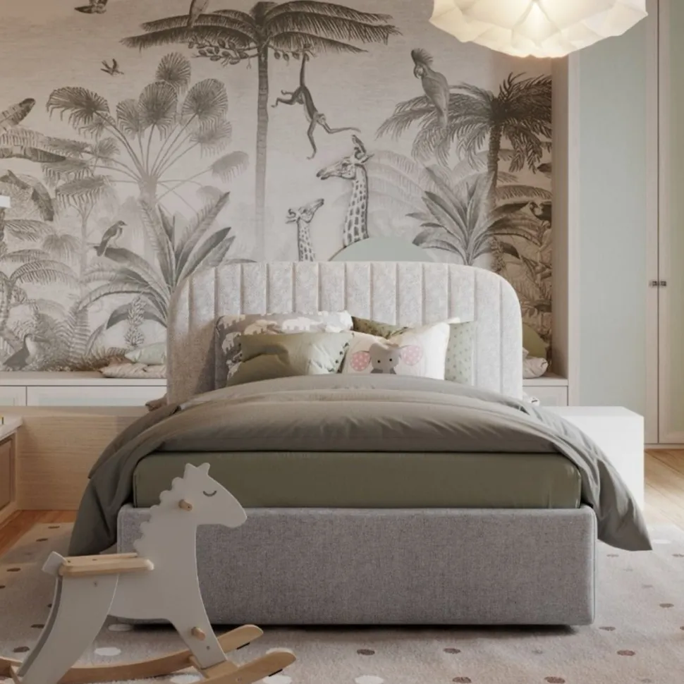 Letto contenitore una piazza e mezzo Darwin linea Sitter imbottito in tessuto sfoderabile