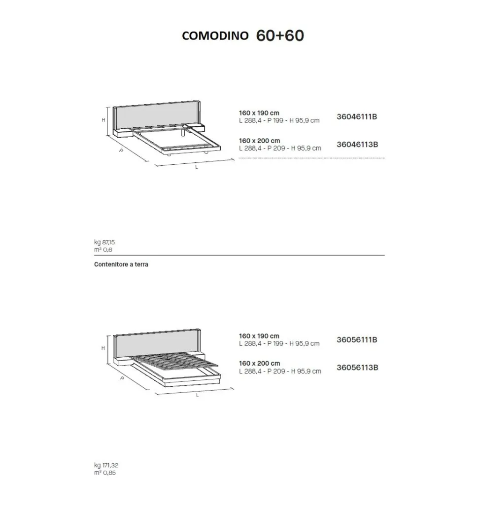 Letto con testiera imbottita e comodini integrati matrimoniale Factory disponibile in 2 misure e vari colori