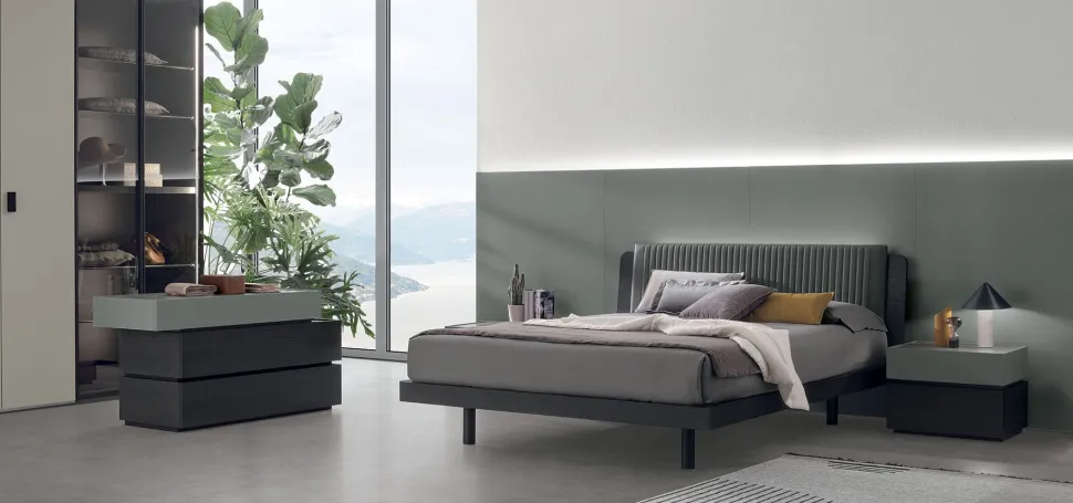 Letto in legno matrimoniale con testiera imbottita Materia disponibile in 2 misure e vari colori