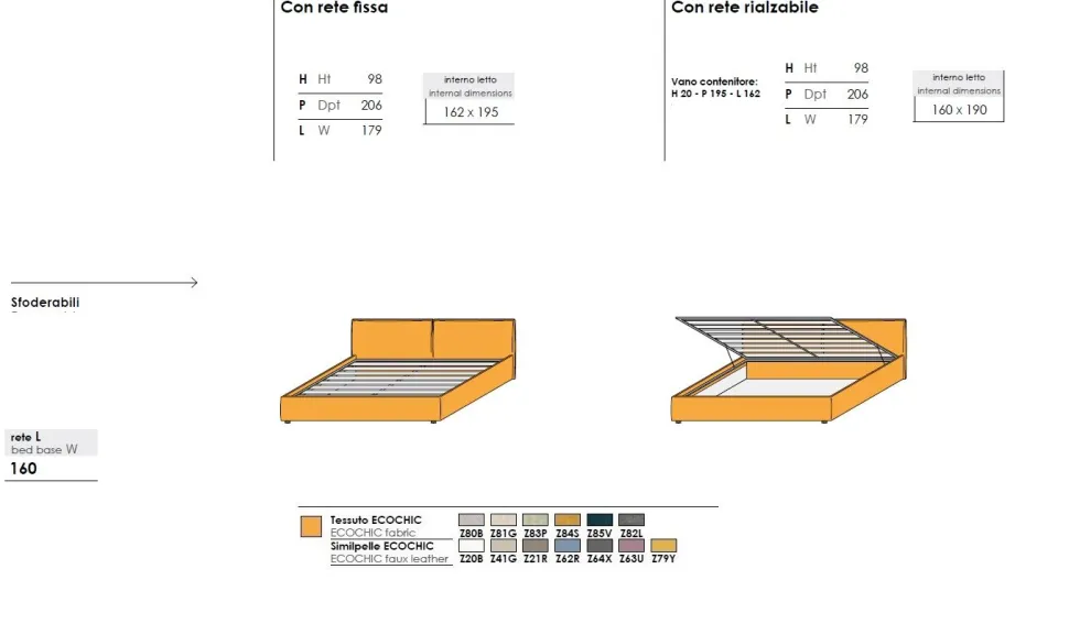 Letto matrimoniale imbottito in tessuto Dani disponibile in vari colori