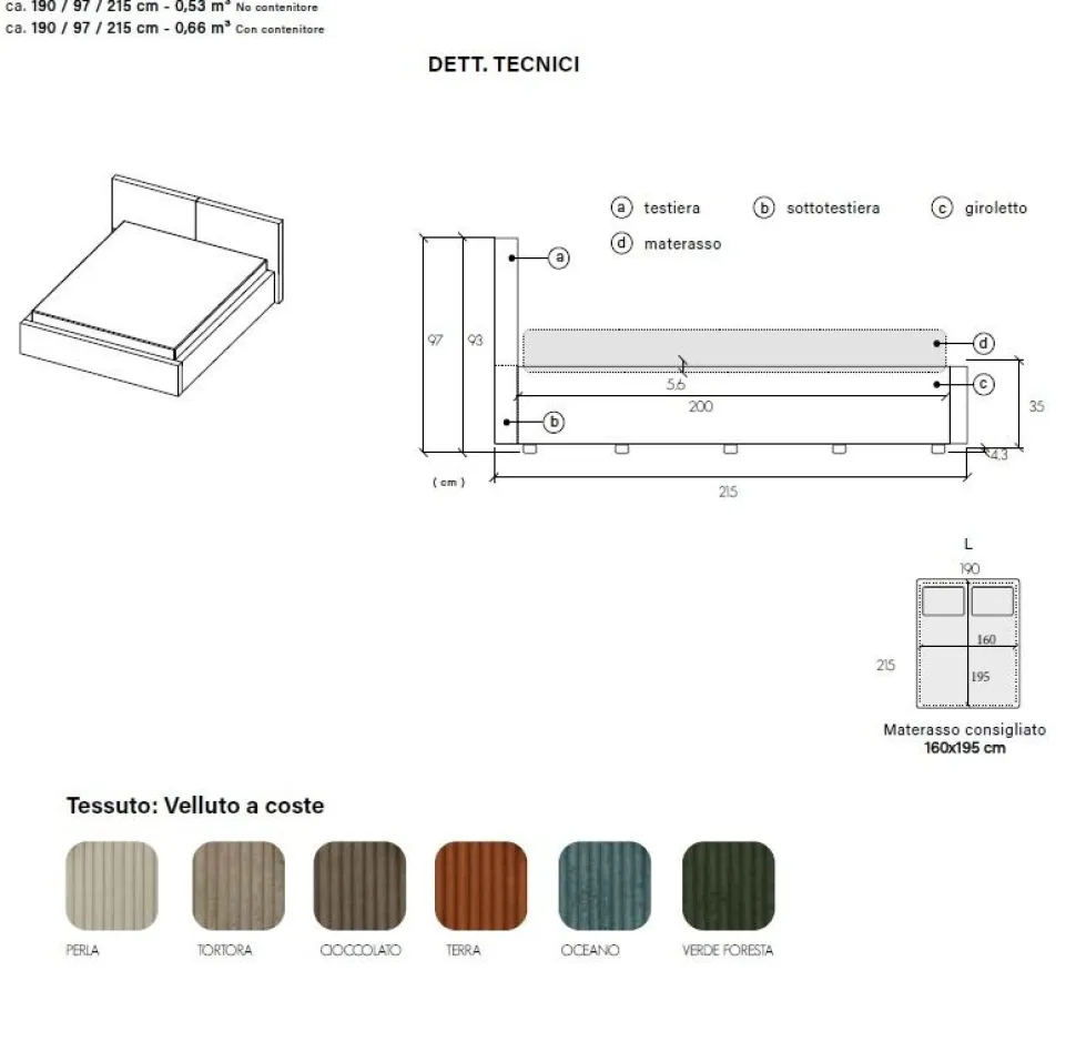 Letto matrimoniale imbottito in Velluto a Coste Design Contemporaneo 6 varianti colore