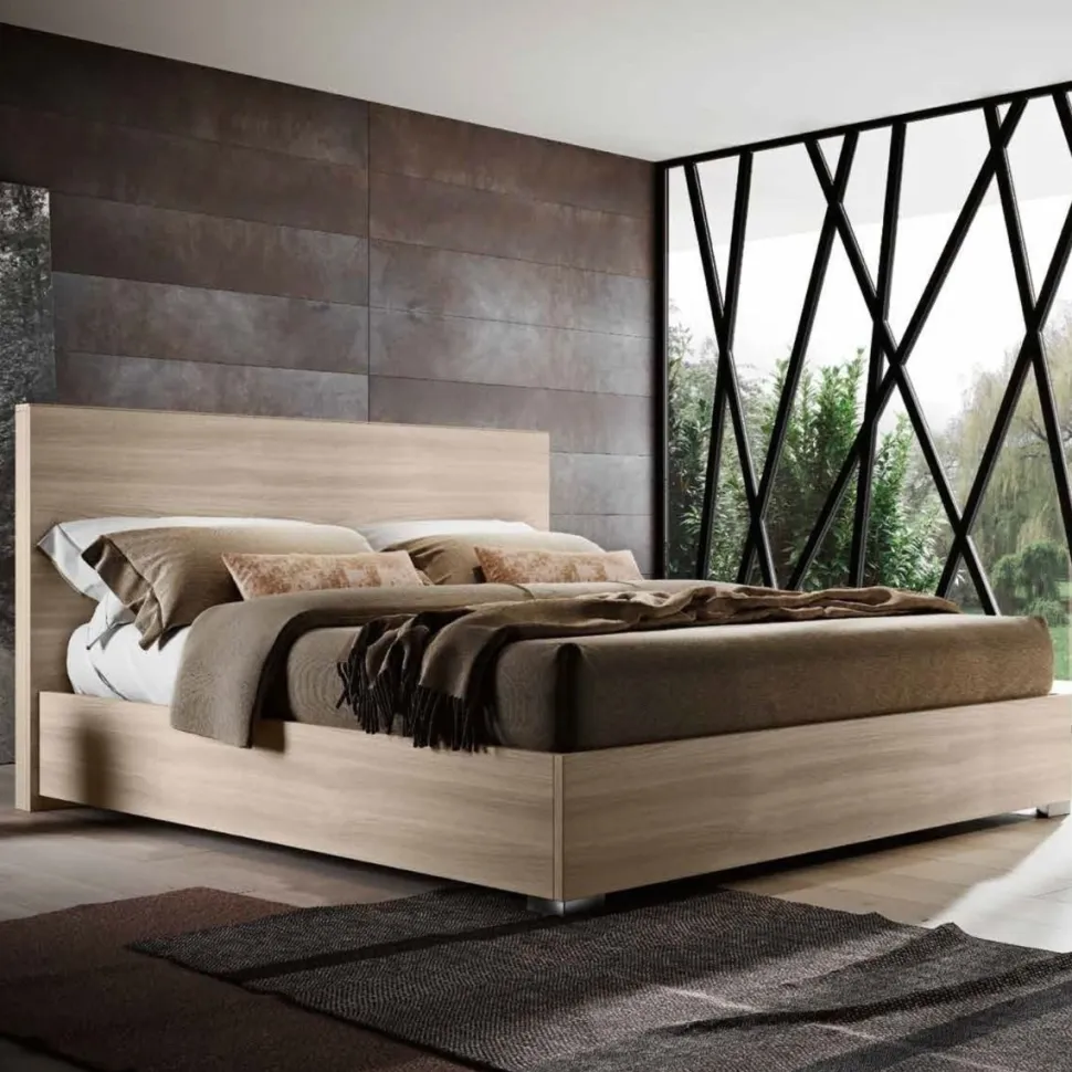 Letto matrimoniale in legno finitura Olmo con testiera da 8 cm disponibile in vari colori