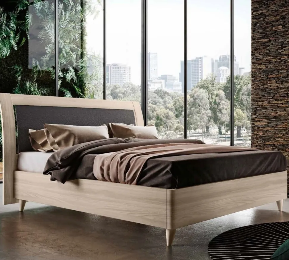 Letto matrimoniale in legno finitura Olmo con inserto in tessuto disponibile in vari colori