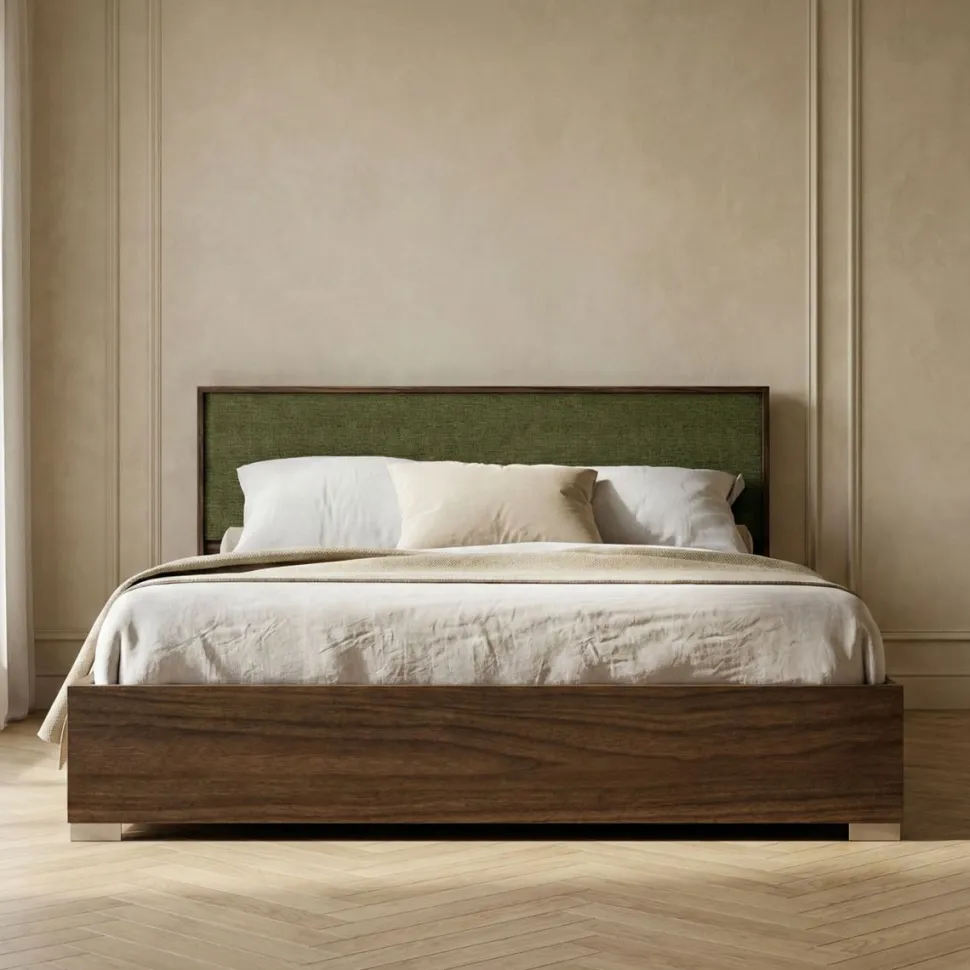 Letto matrimoniale in legno finitura Noce Moro con inserto in tessuto disponibile in vari colori