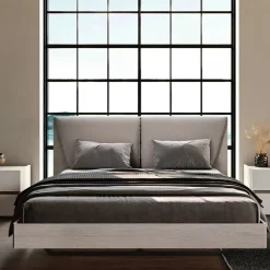 Letto matrimoniale in legno Rovere Grigio e testiera con cuscini imbottiti disponibile in vari colori