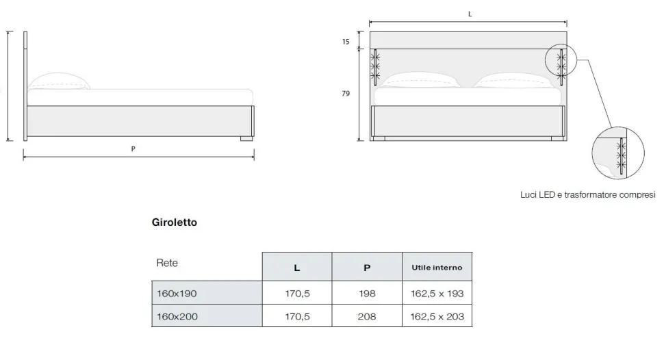 Letto matrimoniale moderno con testiera illuminata Noce Biondo disponibile in 2 misure e vari colori