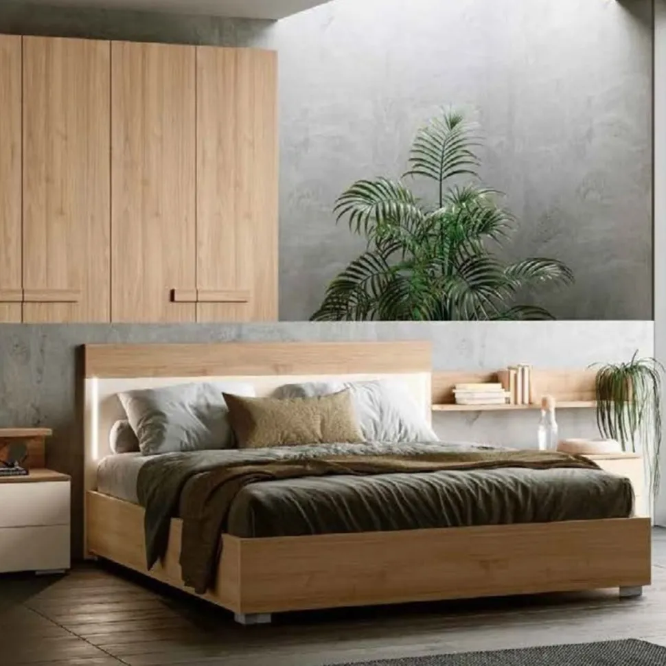 Letto matrimoniale moderno con testiera illuminata Noce Biondo disponibile in 2 misure e vari colori
