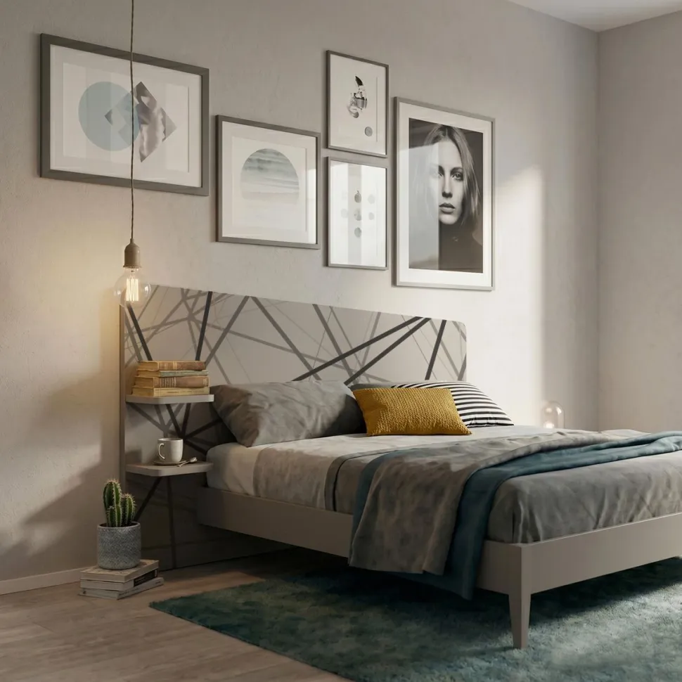 Letto Matrimoniale Moderno Corin con grafica e Mensole Integrate (Colori e Accessori Personalizzabili)