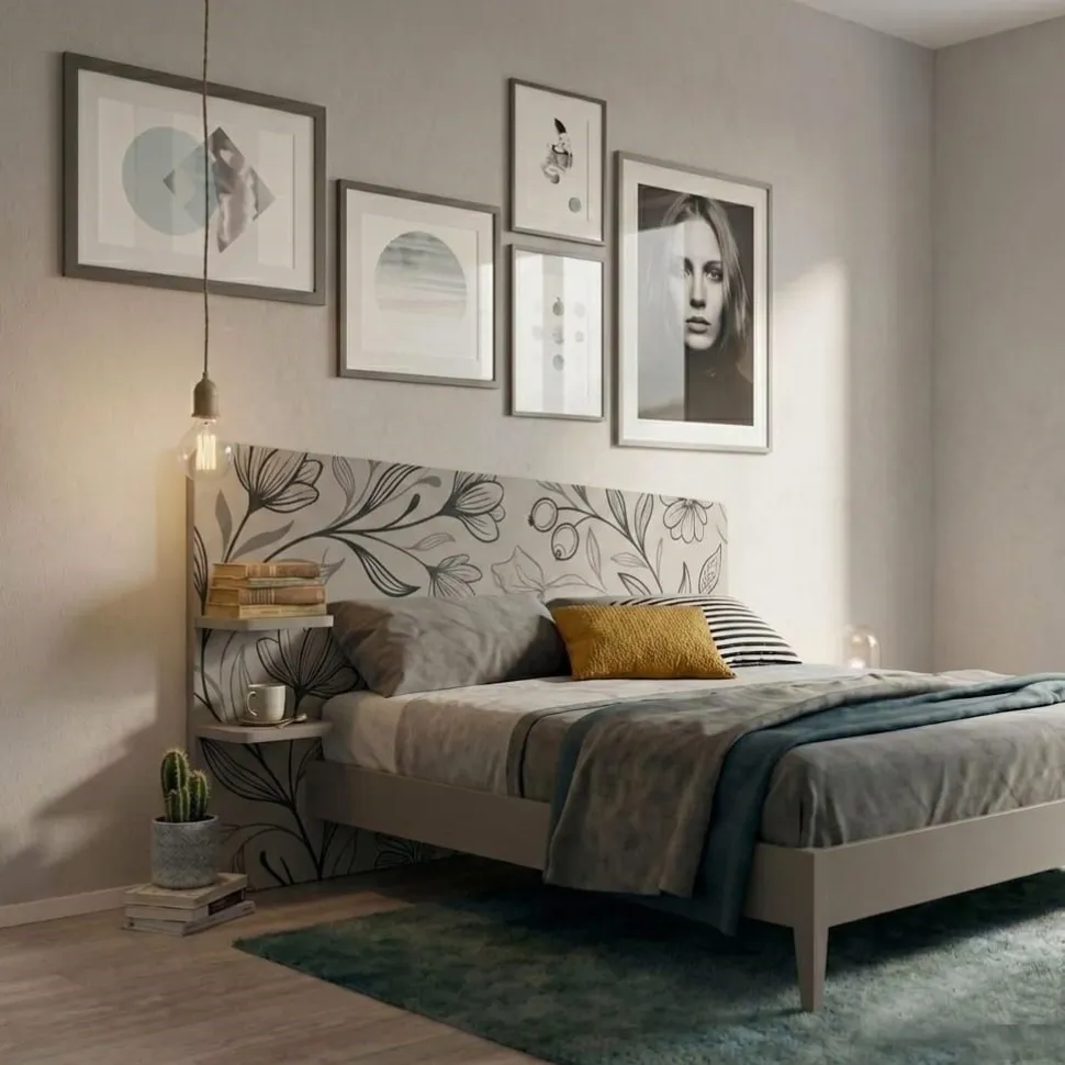 Letto Matrimoniale Moderno Corin con grafica e Mensole Integrate (Colori e Accessori Personalizzabili)