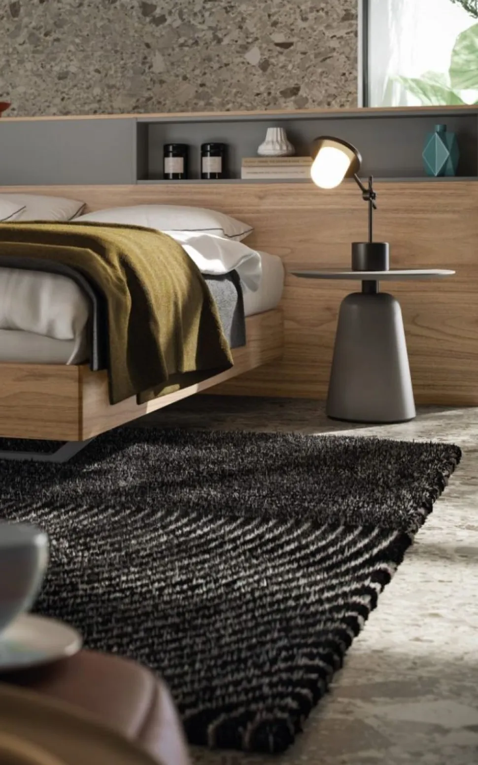 Letto matrimoniale moderno con testiera con vani contenitore disponibile in vari colori