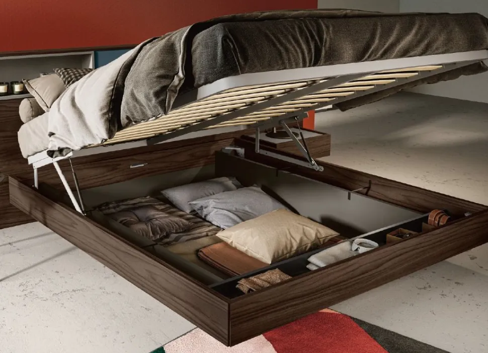 Letto matrimoniale moderno con testiera con vani contenitore disponibile in vari colori