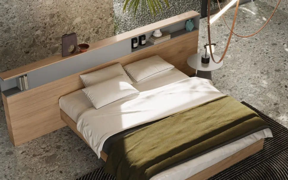 Letto matrimoniale moderno con testiera con vani contenitore disponibile in vari colori