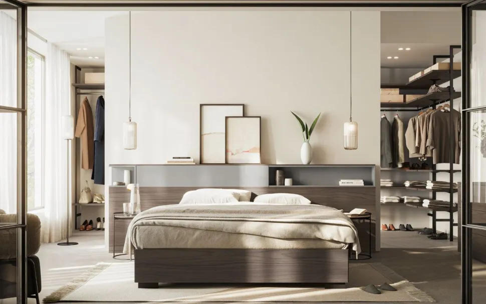 Letto matrimoniale moderno con testiera con vani contenitore disponibile in vari colori