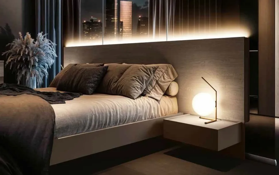 Letto matrimoniale moderno con testiera dogata in legno disponibile in vari colori