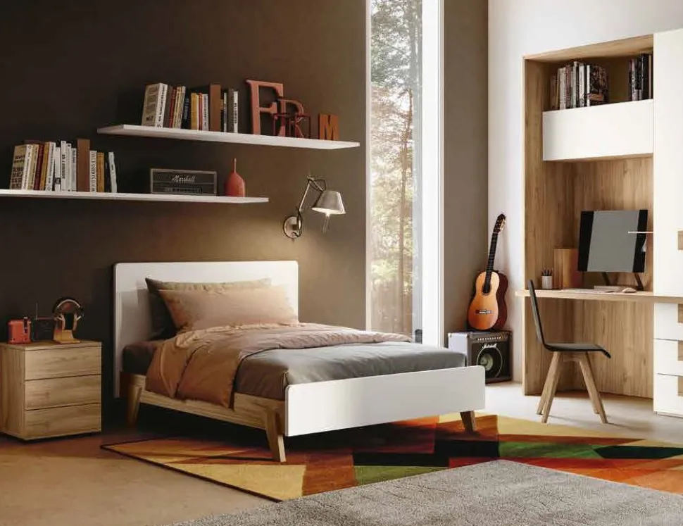 Letto moderno in legno Chiaro con testiera bianca opaca disponibile in 4 misure e vari colori