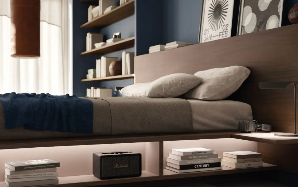Letto moderno matrimoniale in legno Noce Moro con vani contenitore a giorno