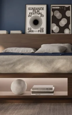 Letto moderno matrimoniale in legno Noce Moro con vani contenitore a giorno