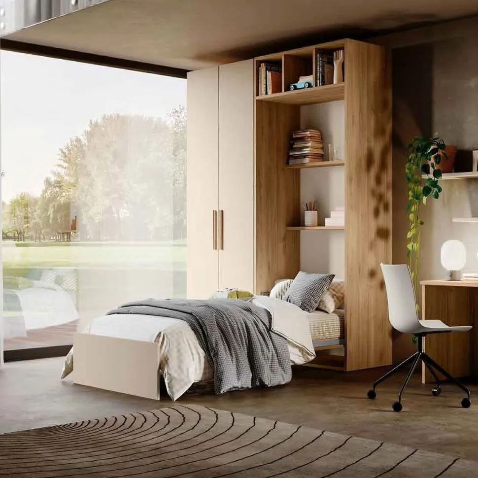 Letto singolo a scomparsa salvaspazio con armadio a 2 ante disponibile in 2 misure e vari colori