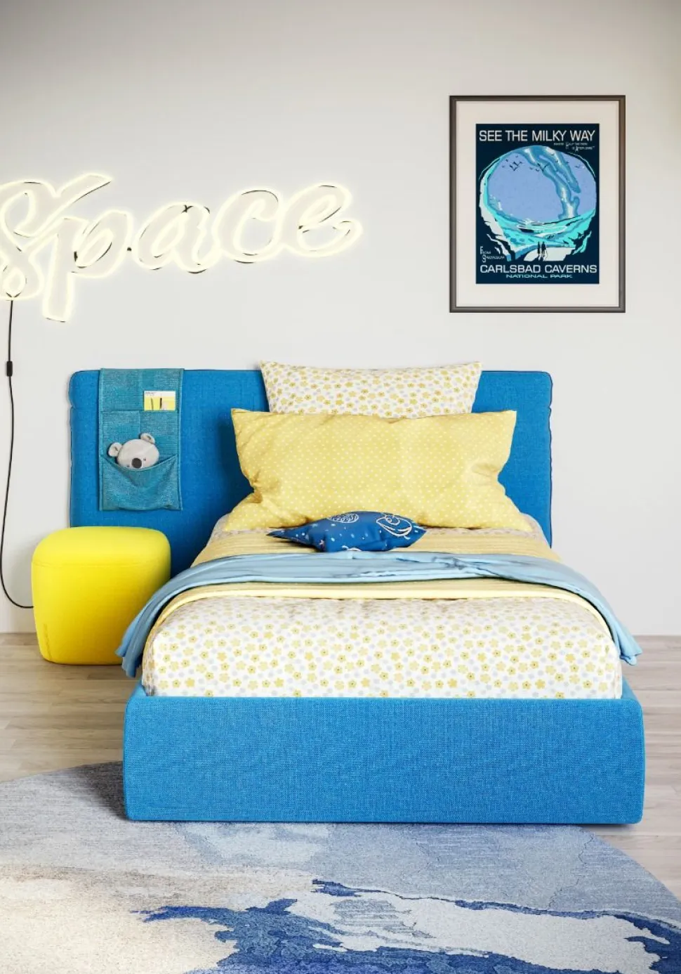 Letto singolo Billy linea Colorfull in Tessuto sfoderabile con Tasche