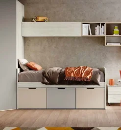 Letto singolo con cassetti contenitori finitura Bianco altea, Orzo e Grigio seta disponibile in vari colori