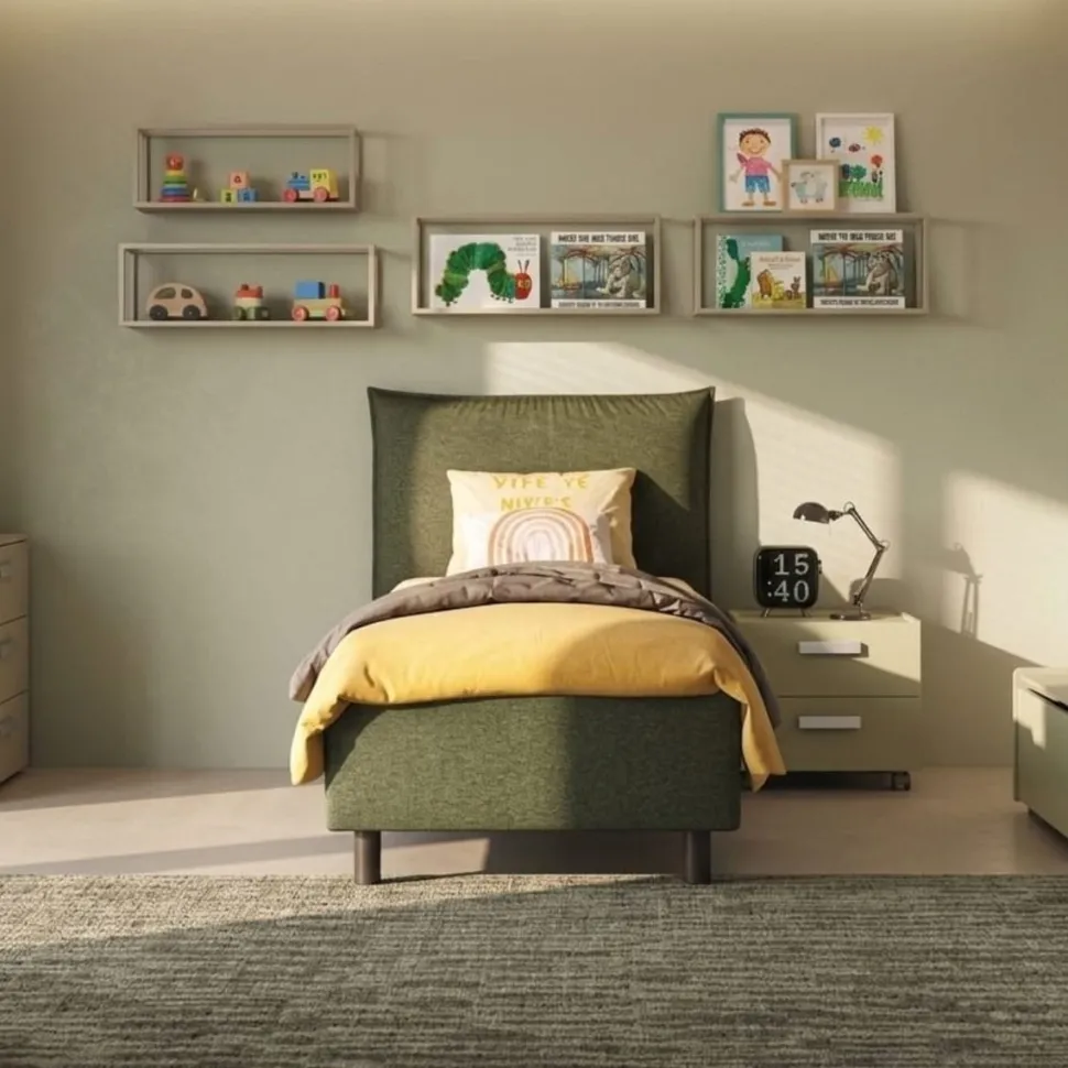 Letto singolo contenitore in tessuto imbottito Verde Bosco disponibile in 5 colori