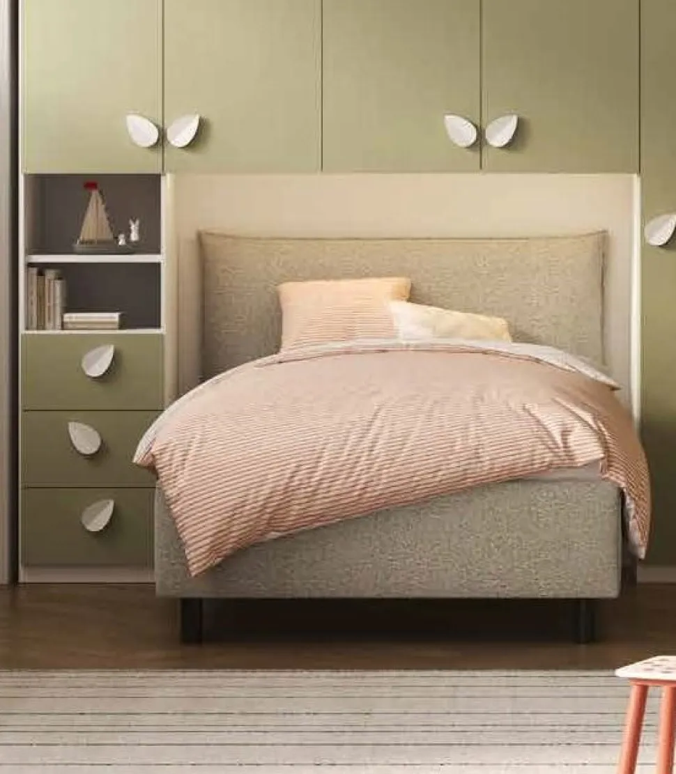 Letto singolo contenitore in tessuto imbottito Verde Bosco disponibile in 5 colori