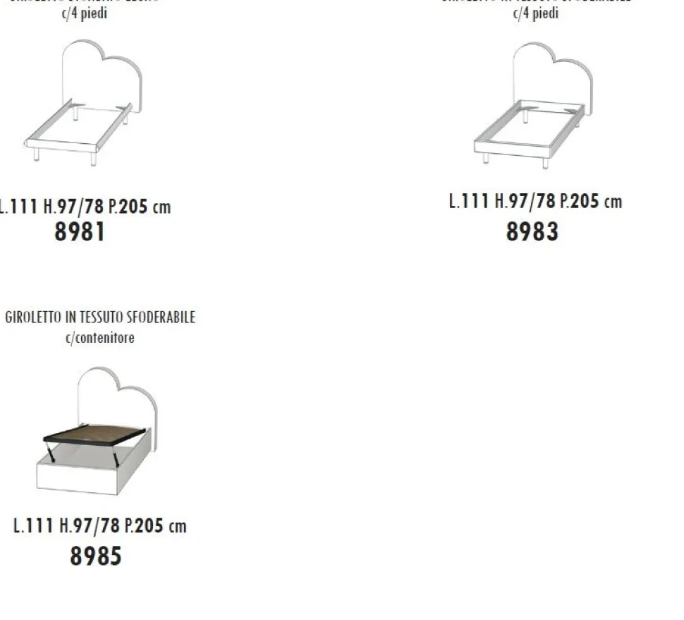 Letto singolo Cuore linea Fly imbottito in tessuto