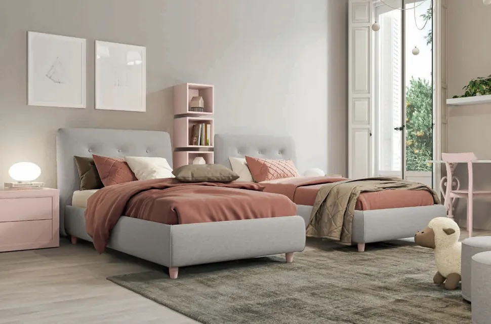 Letto singolo imbottito Kilt linea Omega disponibile in vari colori