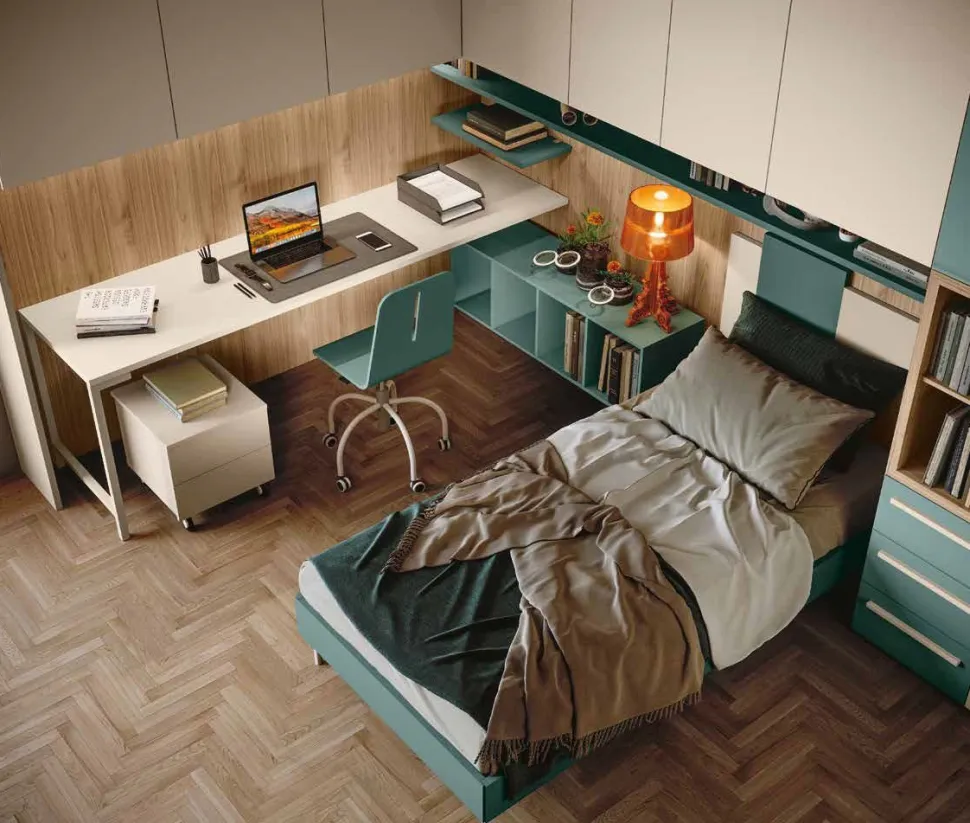 Letto Singolo Moderno con Testiera Sagomata Bicolore (Misure e Colori Personalizzabili)