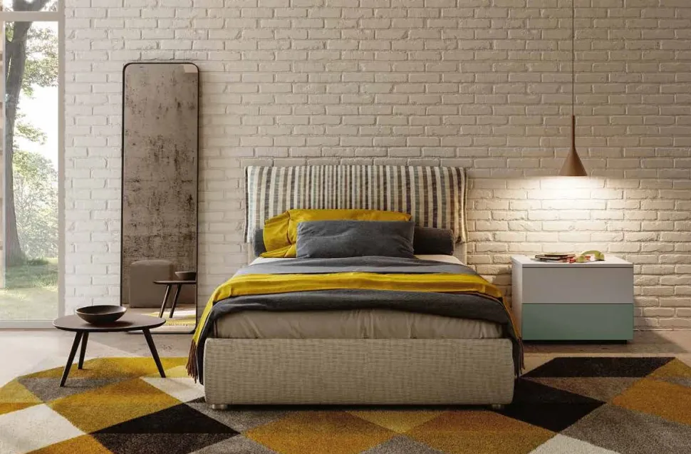 Letto singolo moderno con testiera in tessuto a righe e struttura imbottita Beige