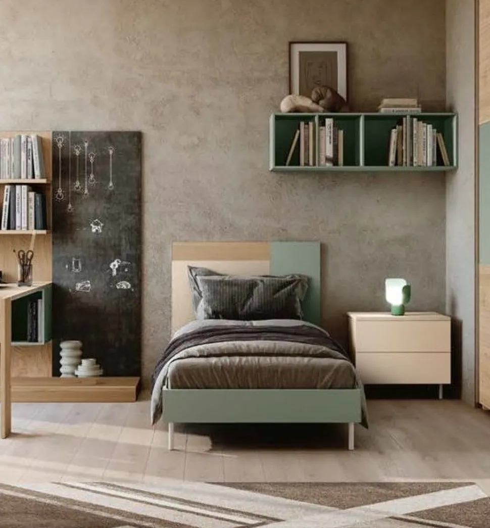 Letto singolo moderno in legno Bianco Frassino, Verde agave e Zucchero con testiera bicolore disponibile in 4 misure e vari colori