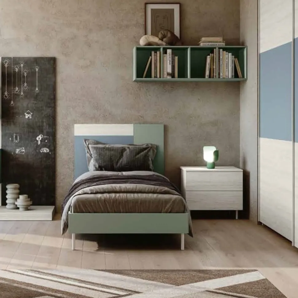 Letto singolo moderno in legno Bianco Frassino, Verde agave e Zucchero con testiera bicolore disponibile in 4 misure e vari colori