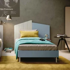 Letto singolo moderno in legno Bianco Frassino e Grigio con testiera asimmetrica bicolore disponibile in 4 misure e vari colori