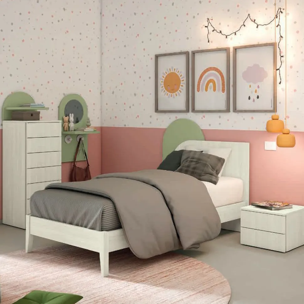 Letto singolo multifunzionale con testiera bicolore disponibile in 5 varianti e 13 colorazioni