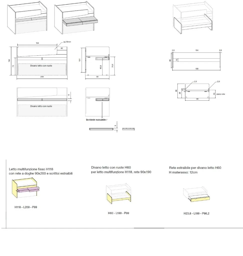 Letto singolo multifunzionale 3 letti e scrittoio estraibile in Carta da zucchero e Bianco altea disponibile in vari colori