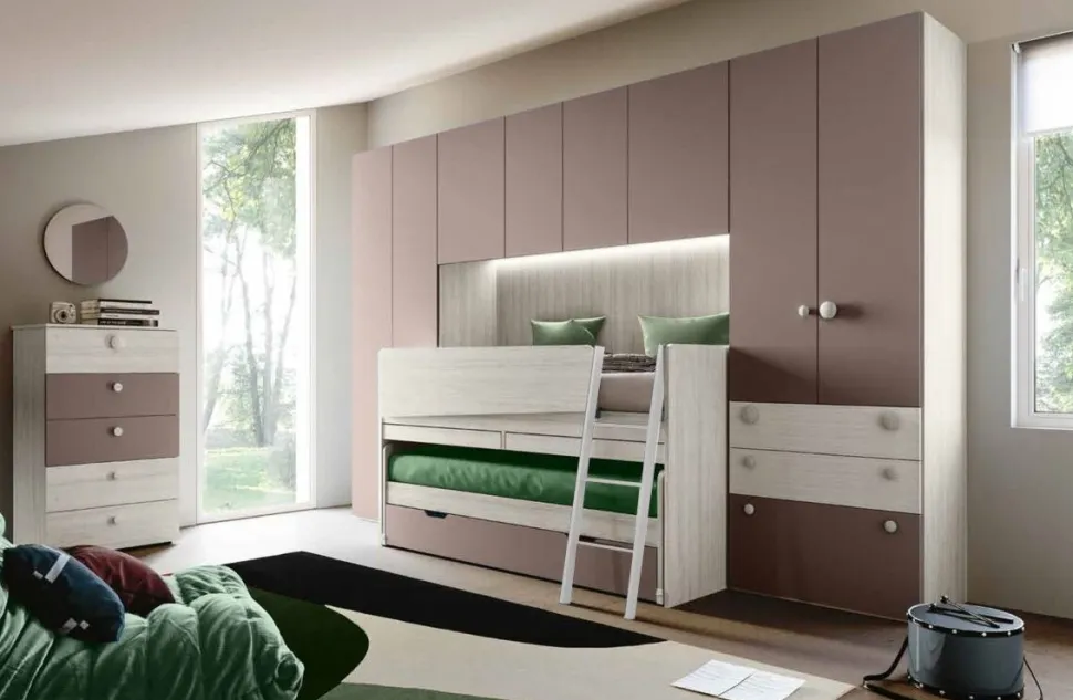 Letto singolo multifunzionale 3 letti e scrittoio estraibile in Carta da zucchero e Bianco altea disponibile in vari colori