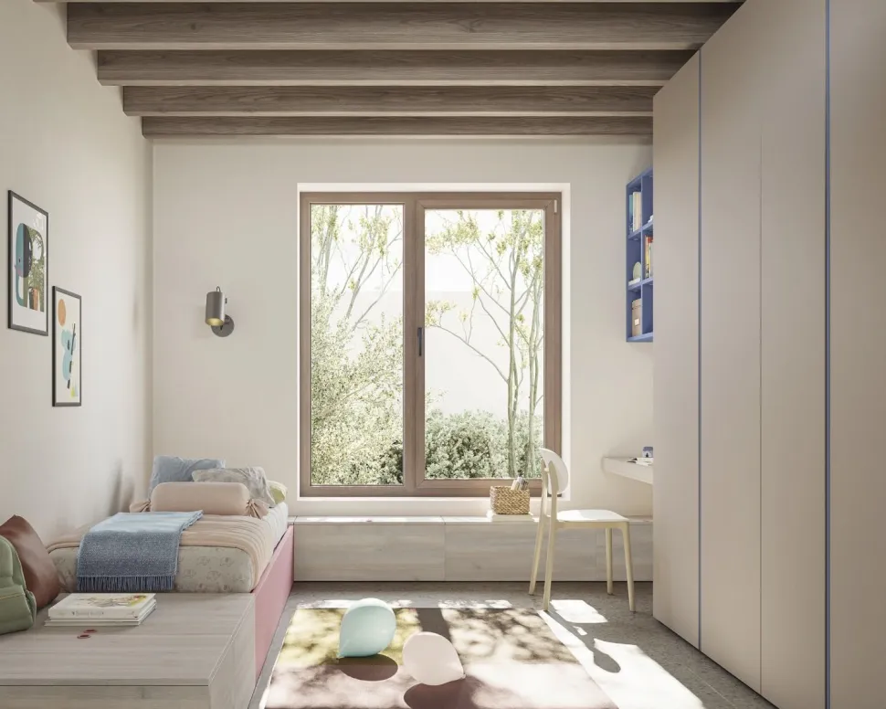 Letto singolo salvaspazio linea Airone con rete contenitore a doghe