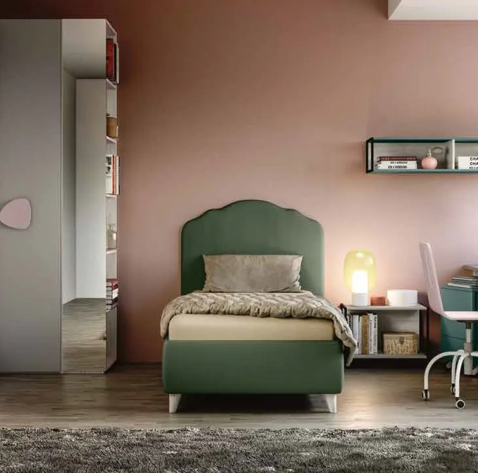 Letto singolo Verde Salvia con testiera sagomata disponibile in 4 misure e vari tessuti