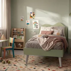 Letto una piazza e mezza con struttura in legno e testiera Sagomata disponibile in 4 colori