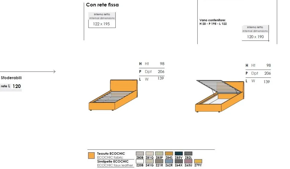 Letto una piazza e mezzo imbottito in tessuto Dani disponibile in vari colori