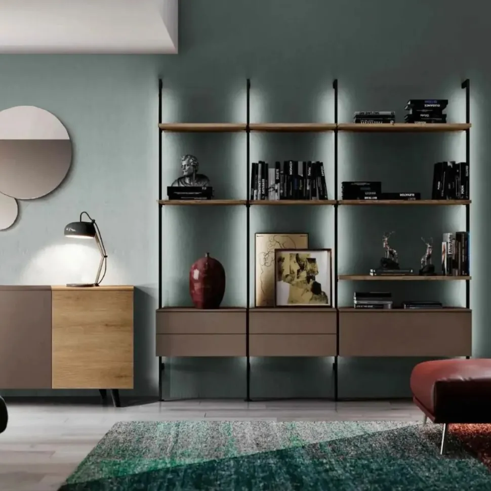 Libreria a muro moderna con pali in alluminio componibile con mensole,cassetti e pensili disponibile in vari colori